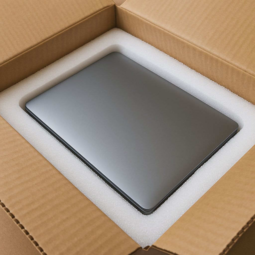 Ein Laptop in einem Pappkarton und einer Konstruktivverpackung aus weißem Schaumstoff.