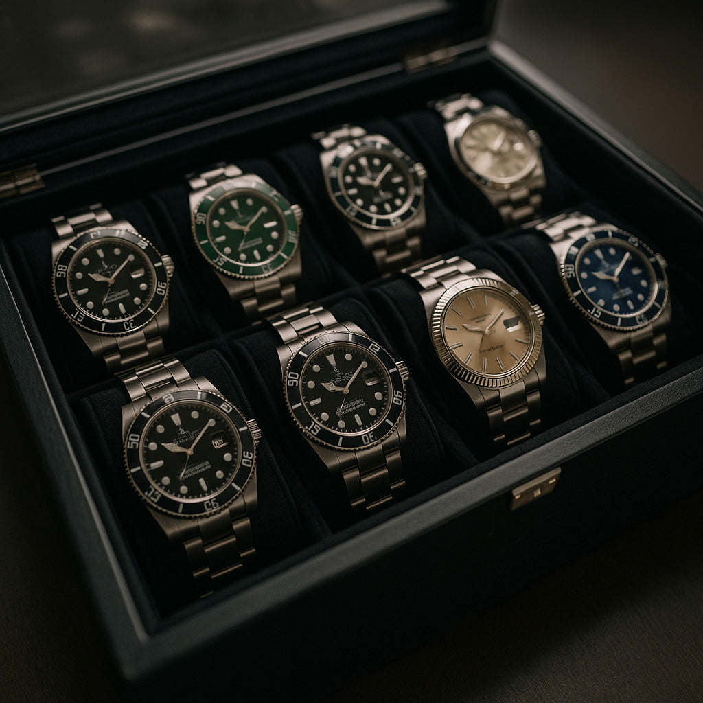 Ein Präsentationskoffer mit teuren Uhren in einer schwarzen Samteinlage