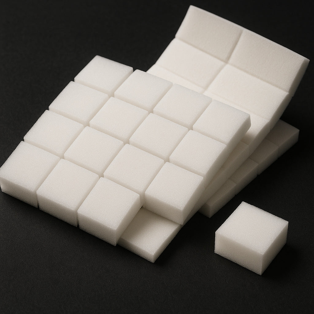 Eine Reihe kleiner Schaumstoffwürfel zur Distanzierung von Transportgütern.