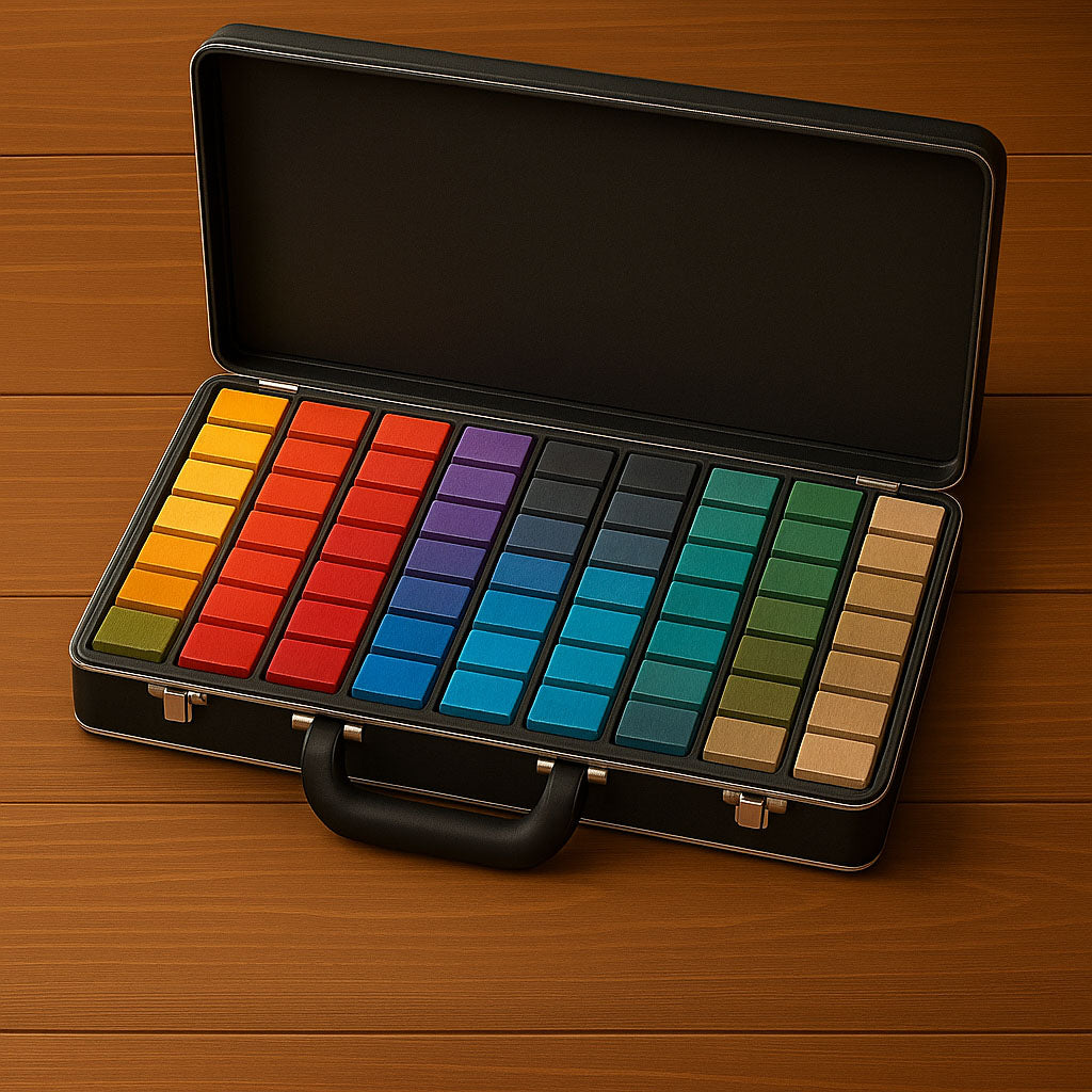 Ein grauer Präsentationskoffer, in dem viele Farbmuster in einem gefrästen Schaumeinsatz liegen.