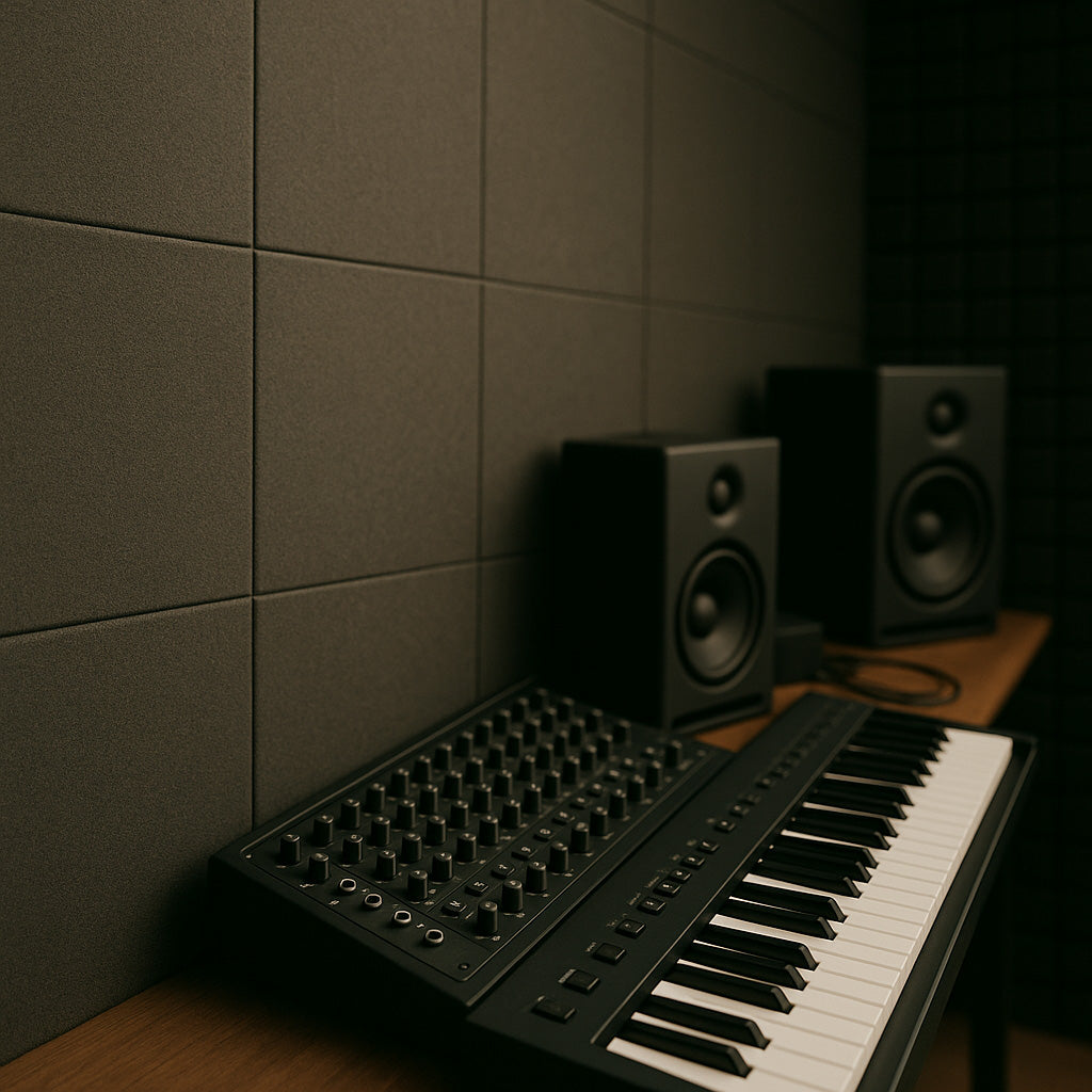 Ein Musikstudio mit einer verkleideten Wand aus grauen Schaumstoff-Platten.
