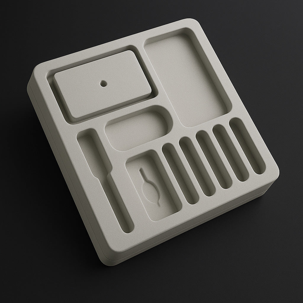 Eine Einlage für einen Spezialkoffer aus grauem Schaumstoff mit gefrästen Ausschnitten.