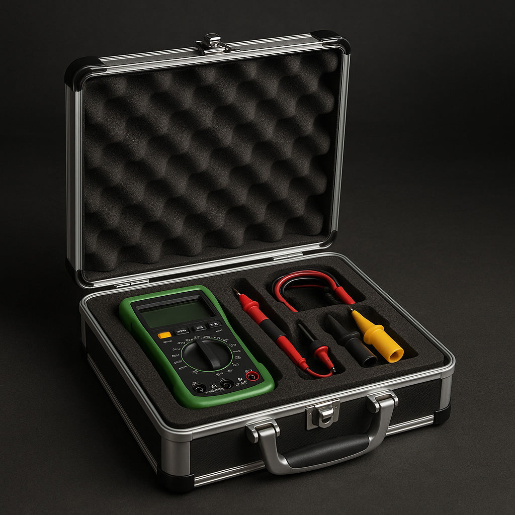 Ein Koffer mit einer Schaumstoffeinlage. Der Koffer beinhaltet ein technisches Messgerät.