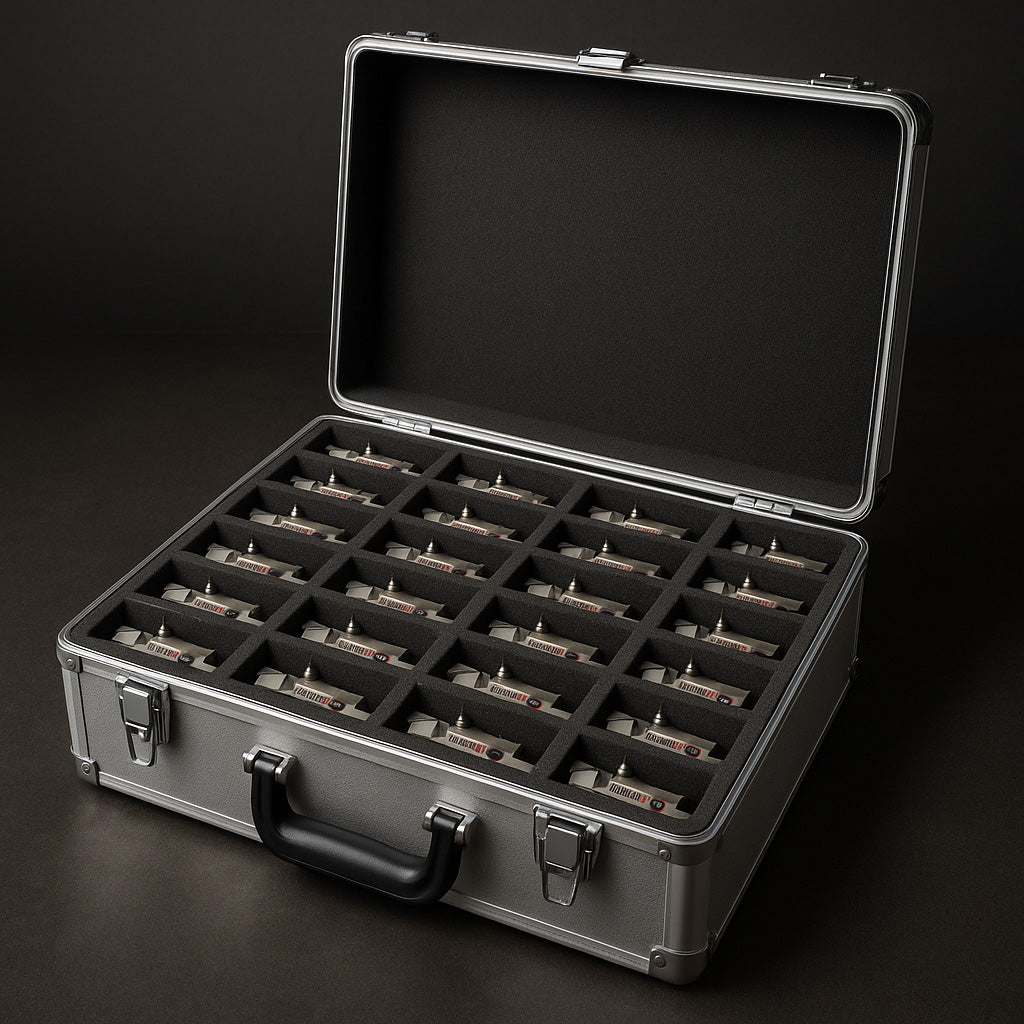 Ein Koffer aus Aluminium mit einer gefrästen Schaumstoffeinlage für Ersatzteile einer Maschine.