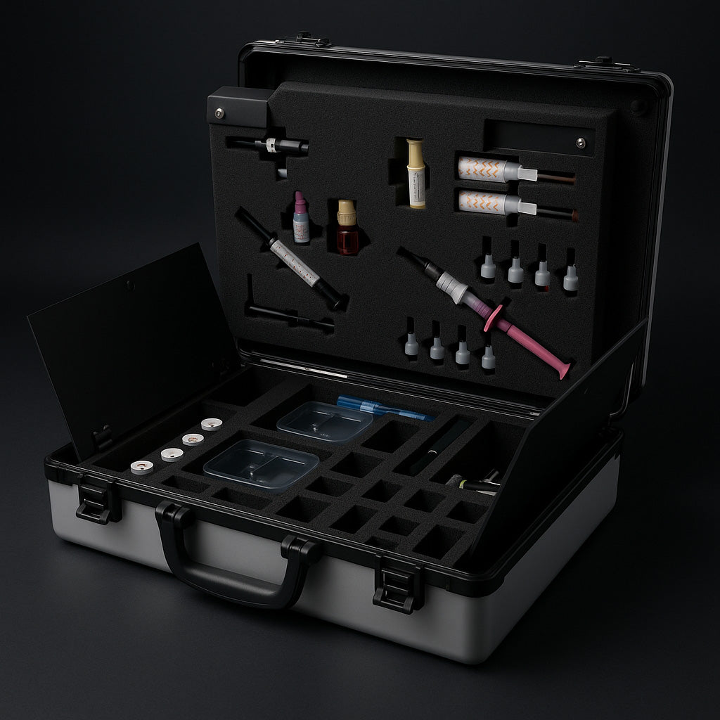 Ein Aluminiumkoffer mit einem schwarzen Schaumstoffeinsatz mit verschiedenem Medizinequipment.