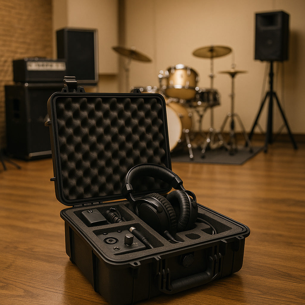 Ein Koffer mit einem Schaumstoffeinsatz für Kopfhörer und verschiedenes Audi-Equipment in einem Musikstudio.