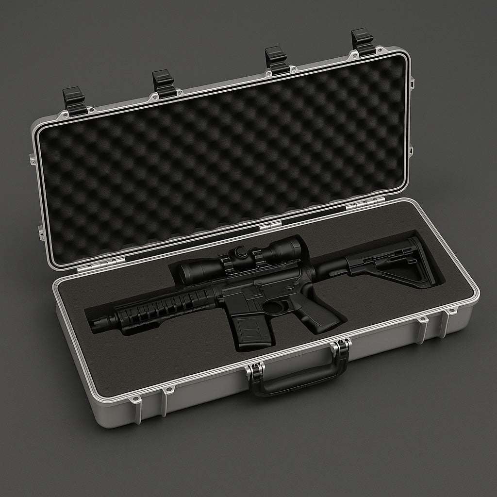 Ein Waffenkoffer mit einem schwarzen Schaumstoff-Inlays, das genau auf die Umrisse der Waffe zugeschnitten ist.