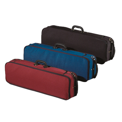 Drei längliche Spezialtaschen mit farbigem Bezug in rot, blau und schwarz.